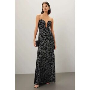 Liv Foster Black Zebra Print Deep V Neck Strapless Gown Formal Evening Size 2